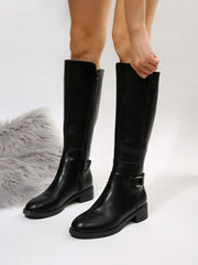 2025 New Women's Equestrian-Style Over-The-Knee Boots With Belt Buckle, Straight Tube, Slimming, Brown, Winter , Perfect With Black Skirt