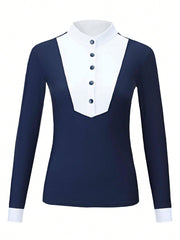 Spring-Autumn Equestrian Long Sleeve Stretch Fit Riding Shirt, Knit Polo Collar Equestrian Top, Suitable For All Seasons