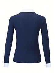 Spring-Autumn Equestrian Long Sleeve Stretch Fit Riding Shirt, Knit Polo Collar Equestrian Top, Suitable For All Seasons