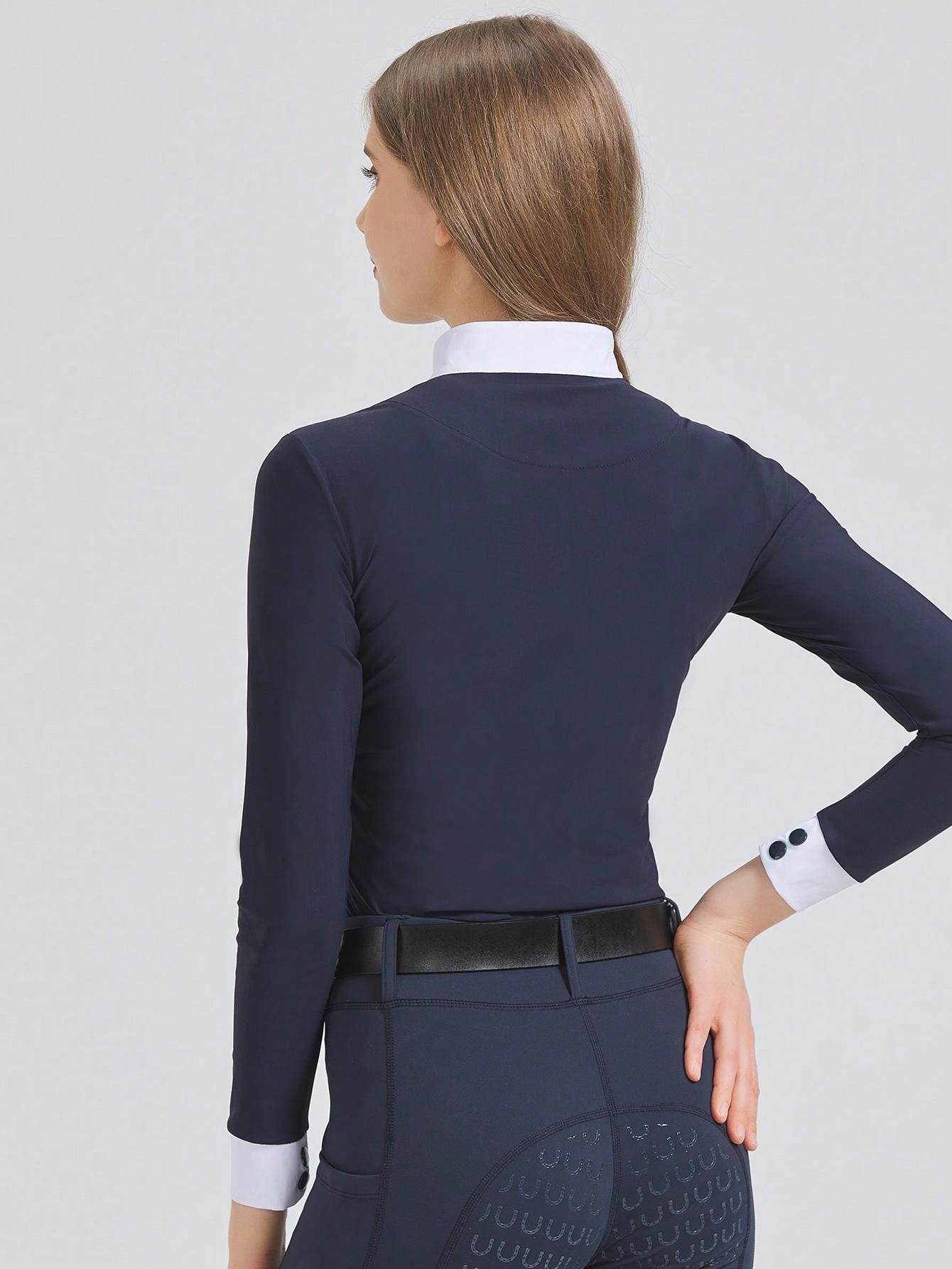Spring-Autumn Equestrian Long Sleeve Stretch Fit Riding Shirt, Knit Polo Collar Equestrian Top, Suitable For All Seasons
