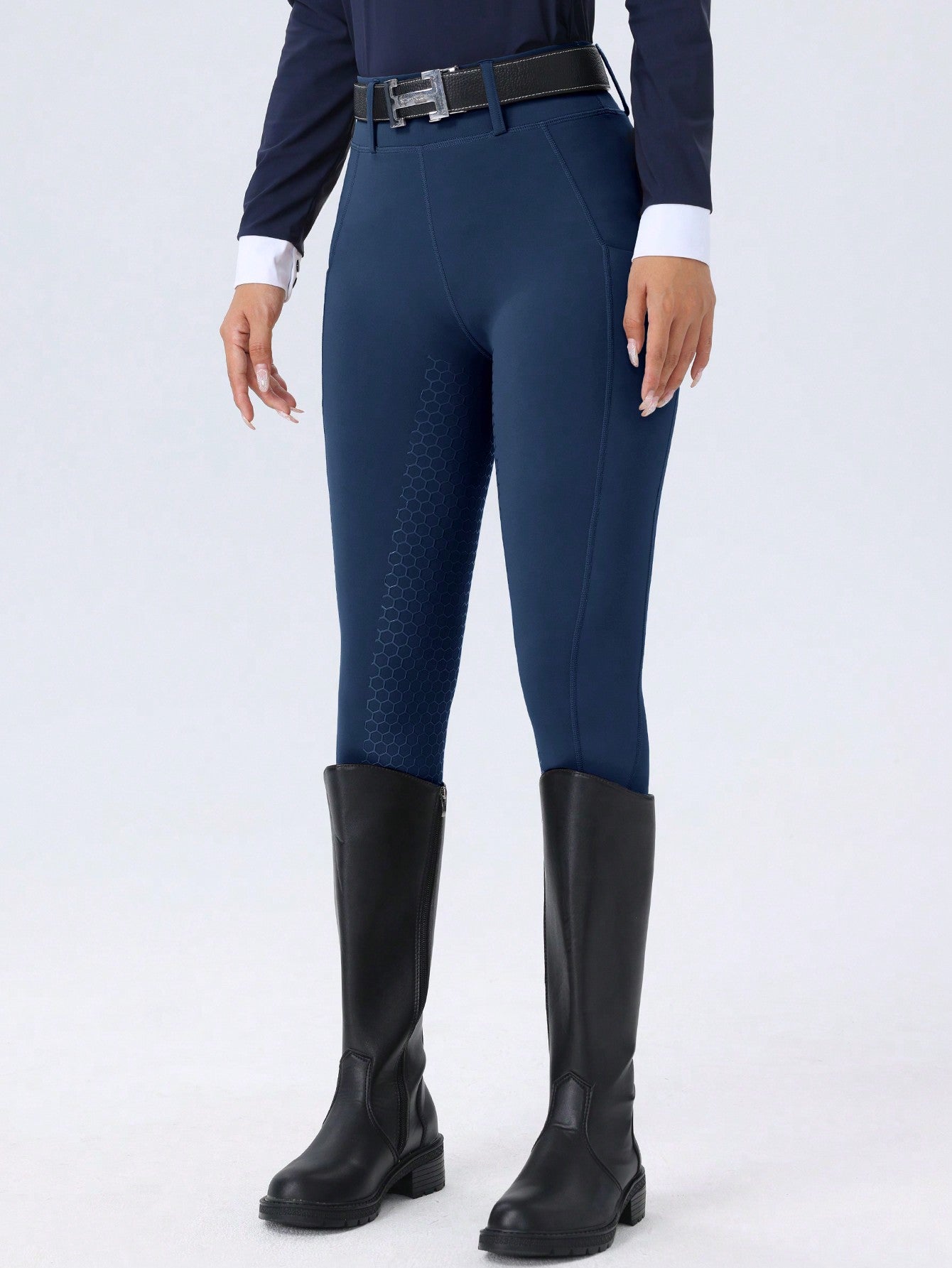 ROYALS MATTINI Women's Dark Blue Equestrian Riding Pants With Pockets, Full Seat Silicone Grip Non-Slip Durable Horse Riding Pants, Suitable For Equestrian Sports