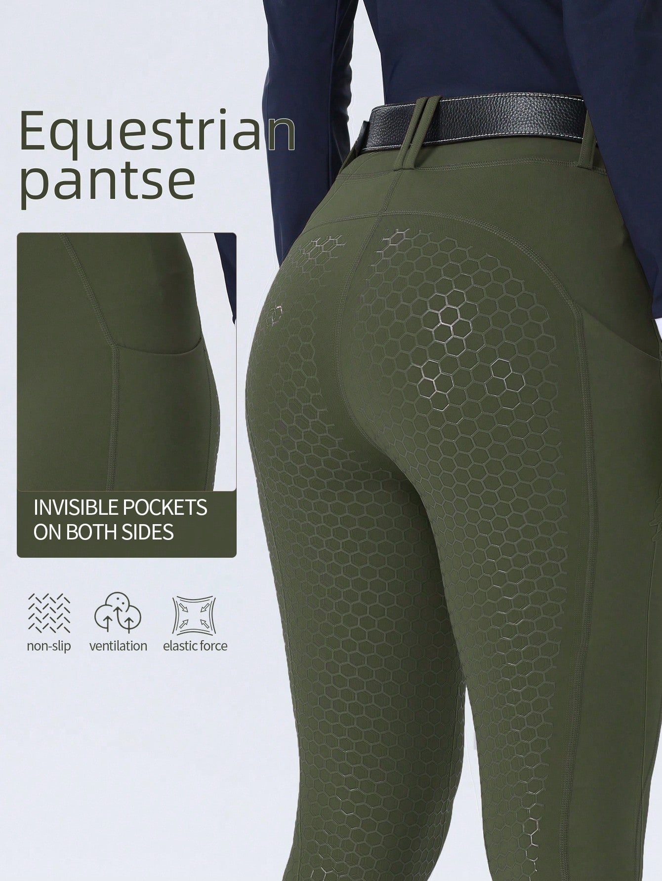 ROYALS MATTINI Women's Army Green Equestrian Riding Pants With Pockets, Full Seat Silicone Anti-Slip Durable Horse Riding Tights, Quick Dry Suitable For Equestrian Sports