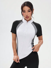 Women's Color Block Raglan Sleeve Half Button Up Fitted Equestrian Jacket