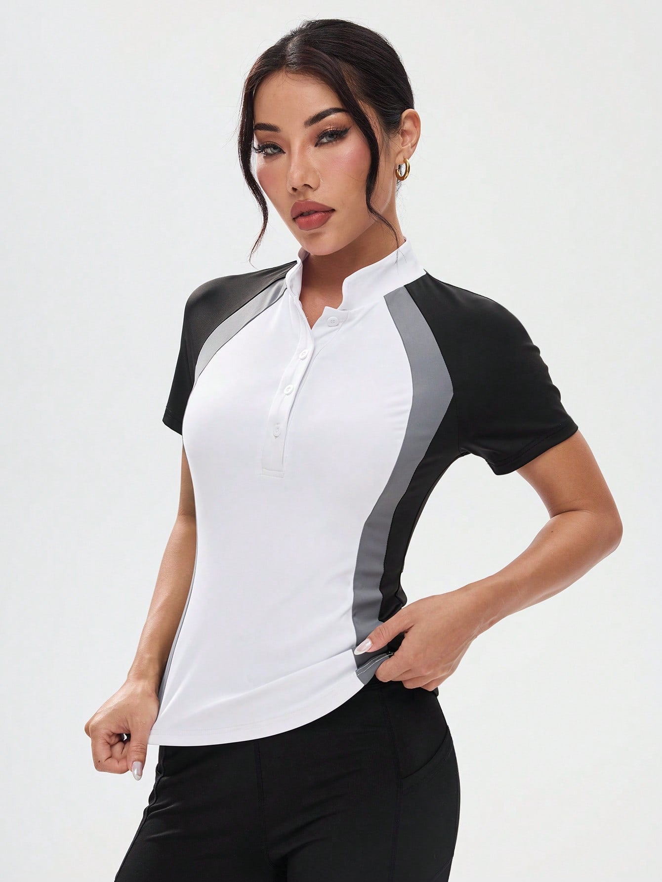 Women's Color Block Raglan Sleeve Half Button Up Fitted Equestrian Jacket