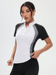Women's Color Block Raglan Sleeve Half Button Up Fitted Equestrian Jacket